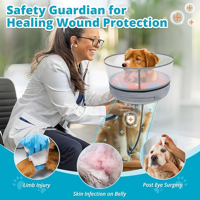 Inflatable Dog Cone with Transparent Shield, Protective Dog Donut Collar After Surgery to Stop Licking, Soft Donut Cone for Medium Pets, Adjustable Recovery Collar with Buckle Visibility