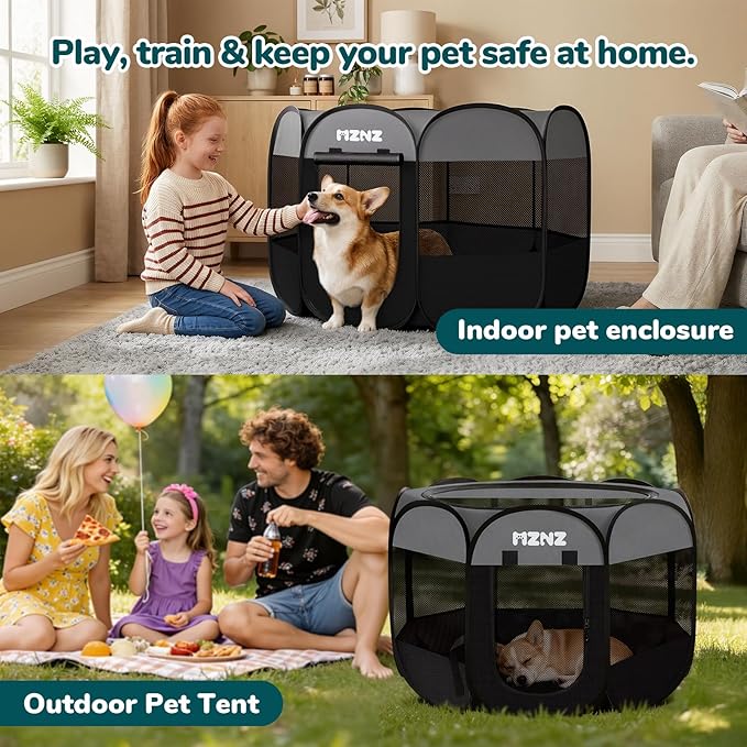 Dog Playpen, Portable Puppy Pet Crate Indoors for Small/Medium Dogs Cats Rabbits, Foldable Dog Cage Enclosure for Outdoor, Pop Up Dogs Tent Kennel with Carrying Case, Dark Grey