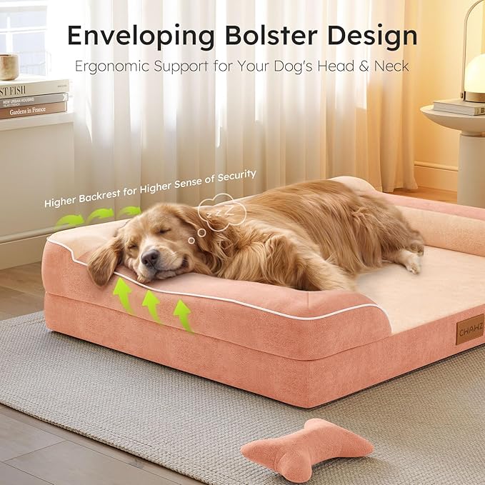 Dog Beds for Large Dogs, Orthopedic Dog Bed with Cooling Gel Memory Foam, Waterproof Large Pet Bed with Removable Washable Cover, 36" Pet Sofa Couch Dutch Velvet with Bone Toy, Peach Pink