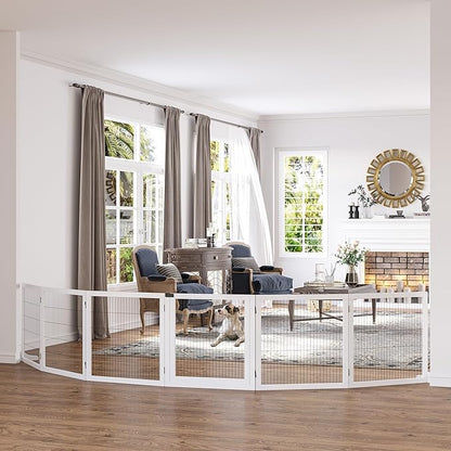 Wooden Dog Gate, 170" Freestanding Pet Gate, 6-Panel Foldable Dog Safety Barrier with 2 Support Feet for House Doorway Stairs, Small and Medium Dogs, White