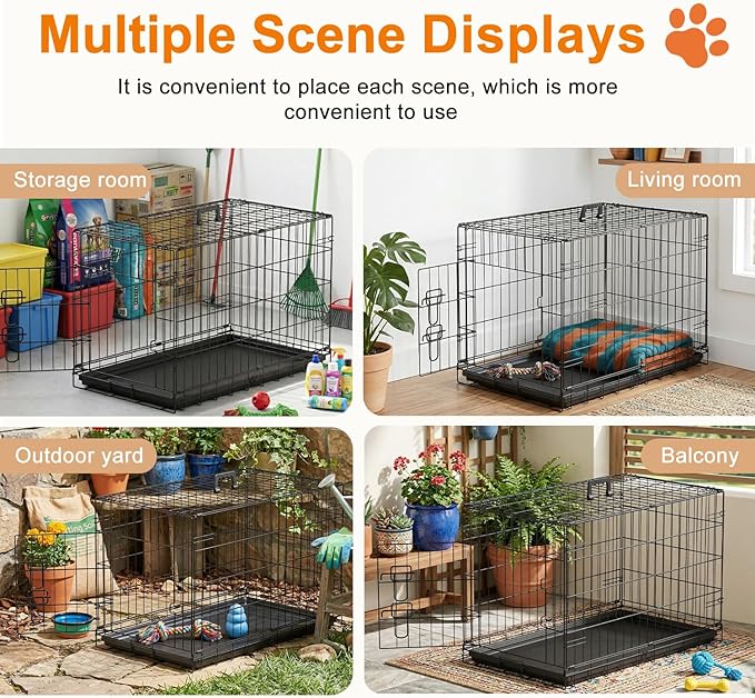 FDW 30inch Dog Crate Pet Cage with Metal Folding Design Plastic Tray Indoor Outdoor Dog Kennel Cage for Small and Medium Dogs,Black