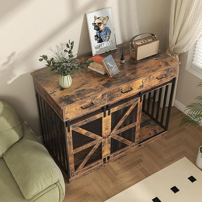 Saudism Dog Crate Furniture for Large Dog or 2 Small Dogs, Wooden Large Dog Kennel with 3 Storage Drawers and 2 Sliding Doors, Decorative Dog Cage TV Stand with Removable Divider, Classic Brown
