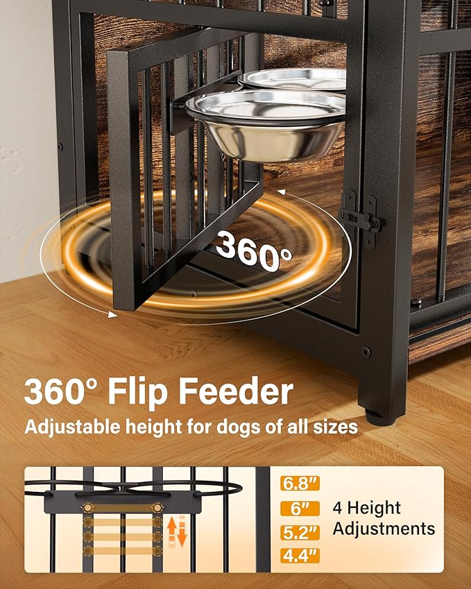Dog Crate Furniture for Medium Dogs: Heavy Duty Chewproof Wooden Kennel Furniture - Dog Cage Table for High Anxiety - 360° Adjustable Bowls Multi-Lock Sliding Door for Indoor
