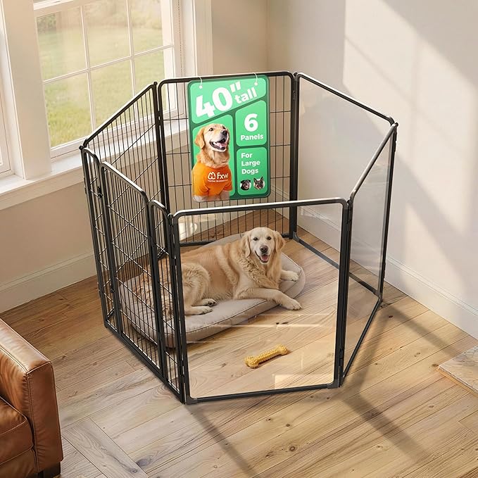 FXW AuraSpace Pro Acrylic & Wire Mesh Indoor Dog Playpen, 40" Height 6 Panels Metal Dog Pen for Medium and Large Dogs, Black│Patented