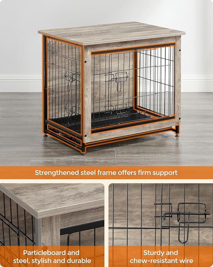 Feandrea 27.2" Dog Crate Furniture, Indoor Dog Cage Side End Table, M Pet Wood Kennel for Medium and Small Dogs up to 30 lb with Multi-Purpose Removable Tray, Double-Door Pet House, Greige