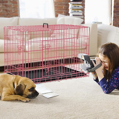 Folding Dog Crate 36" Metal Portable Outdoor Double Door Wire Large Cat Pet Dog Cage Kennel with ABS Tray LC & Divider, Pink