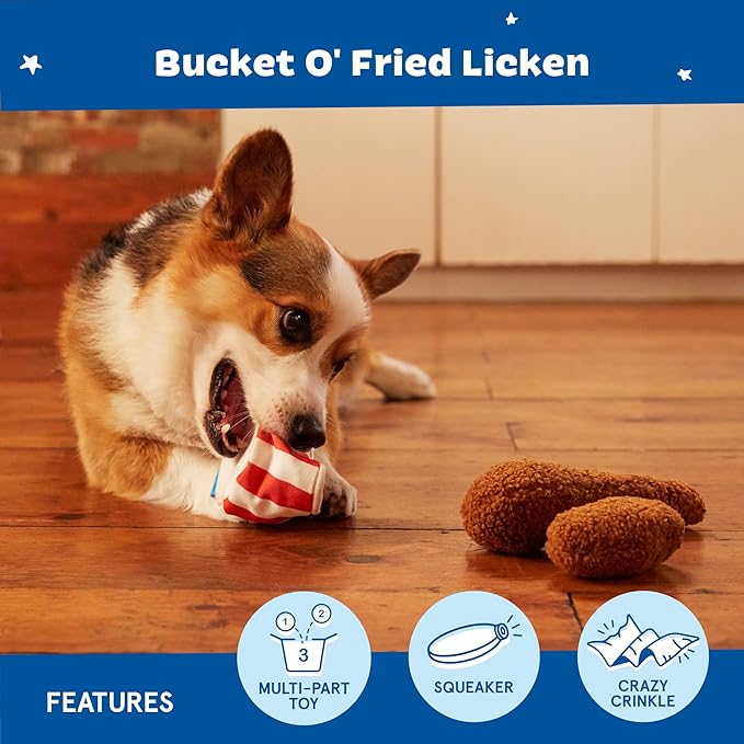Barkbox 2 in 1 Interactive Plush Dog Toy - Rip and Reveal Toy for Dogs and Puppies - Stimulating Squeaky Pet Toys | Bucket o' Fried Licken