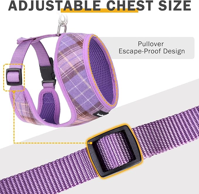SCENEREAL No Pull Dog Harness with Leash Set for Small Dogs - Breathable Soft Mesh Vest, Plaid Design for Daily Walking Training, Fits Chihuahua Bulldog, Purple Size S