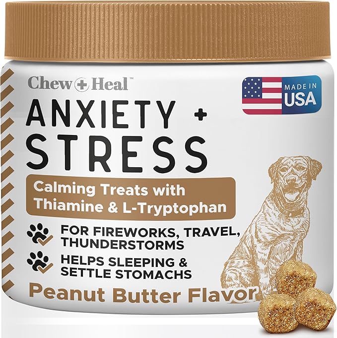 Calming Chews for Dogs - 30 Peanut Butter Melatonin Dog Sleep Aid & Calming Dog Treats with Thiamine, L-Tryptophan & Ginger