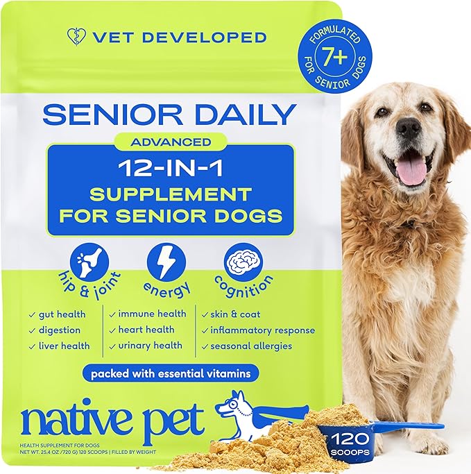 Native Pet Senior Daily Dog Vitamins & Supplements – 12-in-1 Dog Multivitamin Powder for Senior Dogs – Supports Mobility, Cognition, Digestion, Immune Health & More – 120 Scoops