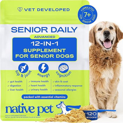 Native Pet Senior Daily Dog Vitamins & Supplements – 12-in-1 Dog Multivitamin Powder for Senior Dogs – Supports Mobility, Cognition, Digestion, Immune Health & More – 120 Scoops