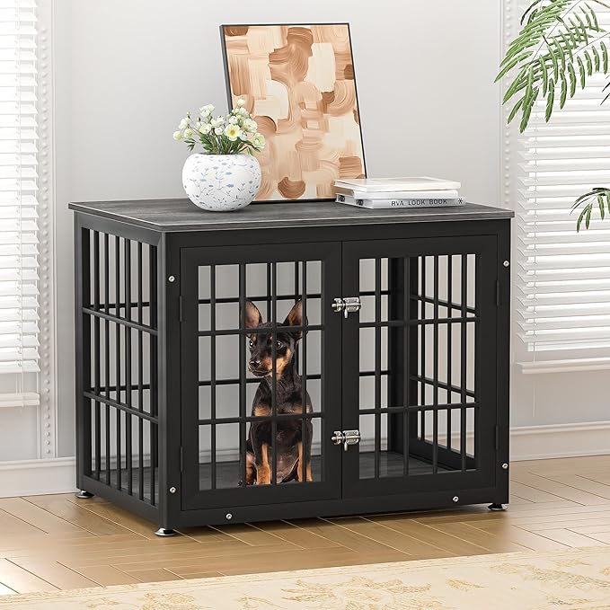 rehomerance 32 Inch Heavy Duty Dog Crate Furniture for Medium and Small Dogs, Decorative Pet House End Table, Wooden Cage Kennel Furniture Indoor, Gray