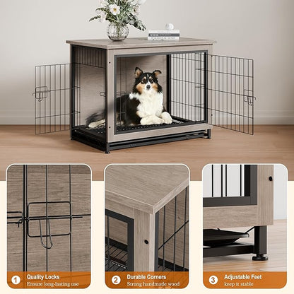 Vongrasig Dog Crate Furniture, Side End Table, Modern Wooden Kennel for Dogs Indoor, Heavy-Duty Dog Cage with Multi-Purpose Removable Tray, Double-Door Dog House, Grey