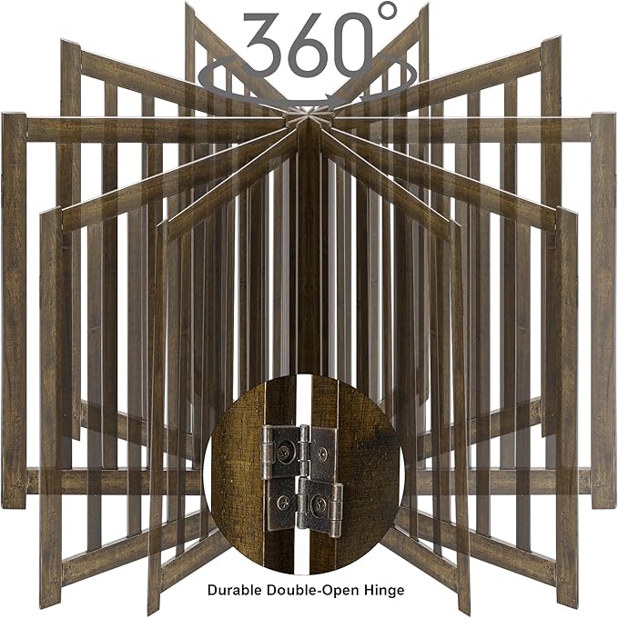 LZRS 6-Panel Extra-Wide Freestanding Wooden Dog Gate Indoor – 24”High Foldable Safety Pet Barrier for Doorways, Hallways, Kitchens, Durable Design fit Small to Medium Dogs, Walnutl