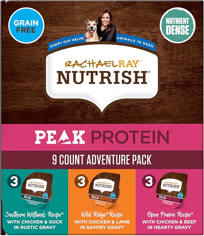 Nutrish Peak Protein Wet Dog Food Variety Pack, High Protein, Grain Free, 3.5oz Cups (Pack of 9), 2 Count (Rachael Ray)