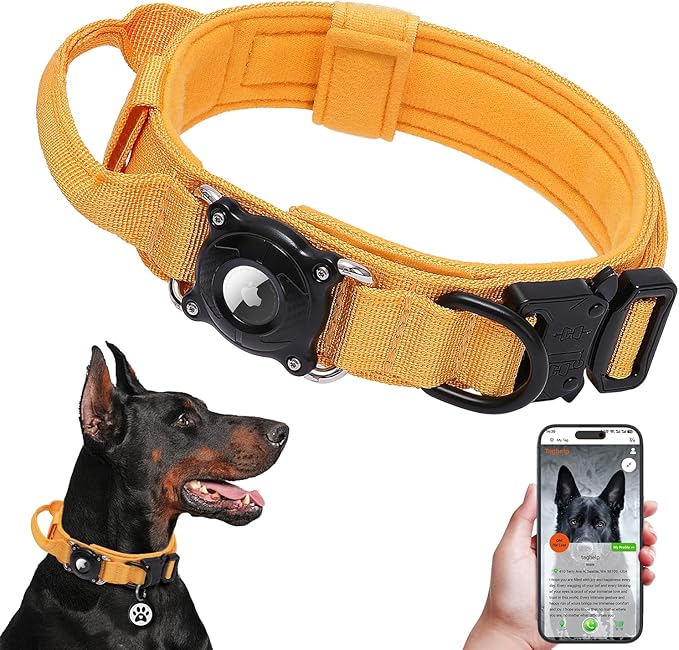 Tactical Dog Collar with QR Code & AirTag Holder, Military Adjustable Durable Reflective Dog Collar for Large Medium Dogs, Built-in Control Handle and Metal Buckle, 2026 New (Yellow-XL)