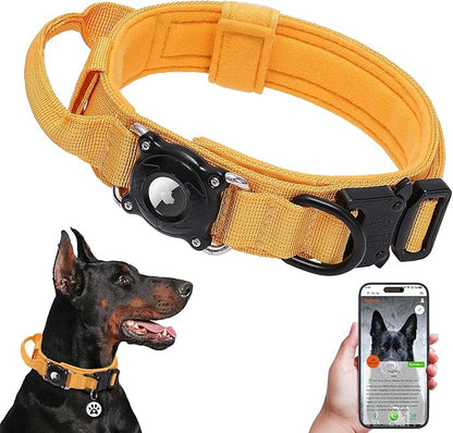 TAGHELP-AirTag Dog Collar with QR Code ID Tag, Tactical Military Reflective Adjustable Dog Collar with Holder Handle, for Large Medium Dogs, Durable Nylon with Metal Buckle (Yellow-M)