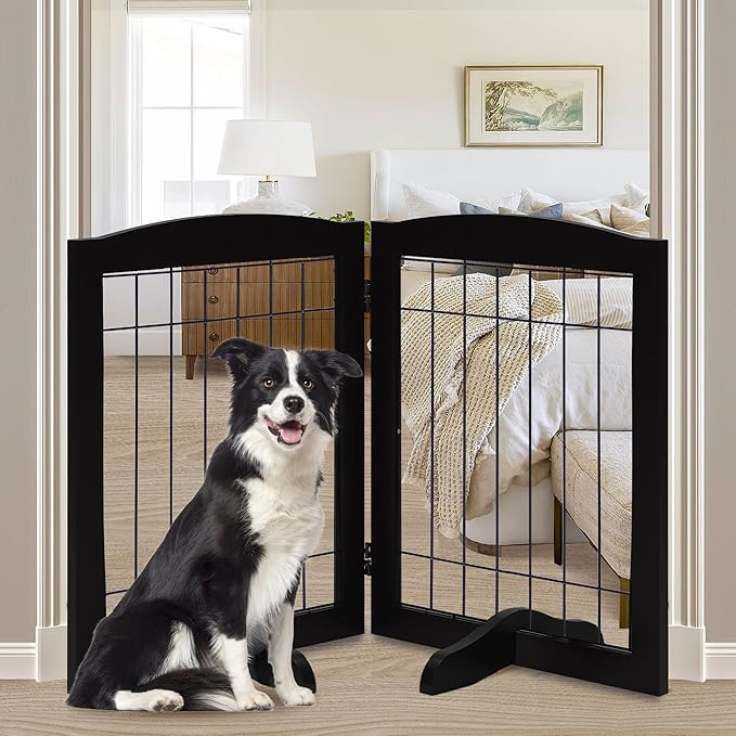 LZRS 2-Panel Freestanding Adjustable Wooden Dog Gate—30” Tall Foldable Pet Barrier with Support Feet, Solid Hardwood & Chew-Resistant Steel Wire for Doorways, Hallways, and Stairs, Black