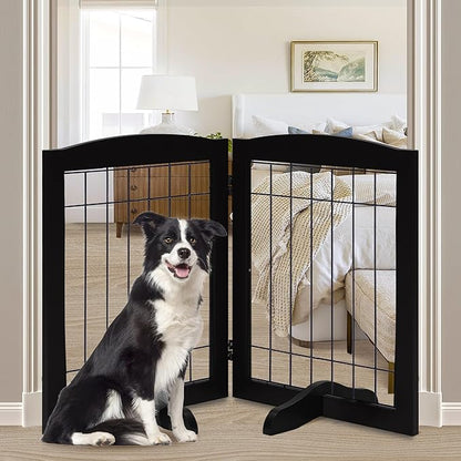 LZRS 2-Panel Freestanding Adjustable Wooden Dog Gate—30” Tall Foldable Pet Barrier with Support Feet, Solid Hardwood & Chew-Resistant Steel Wire for Doorways, Hallways, and Stairs, Black