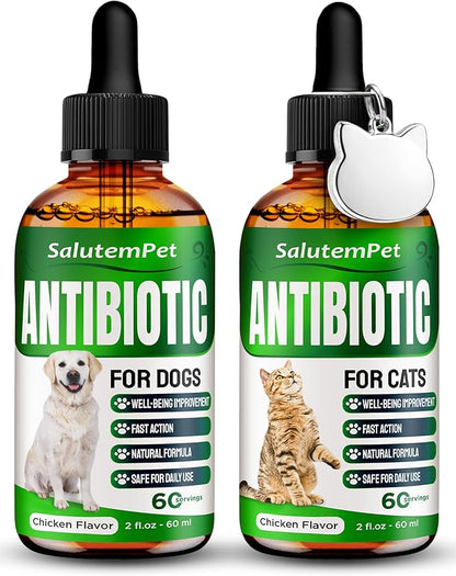 Set of Liquid Dog Antibiotics and Cat Antibiotic + Pendant – Daily Help with UTI, Cough, Runny Nose, Allergies, Wheezing – Versatile Care for Breathing System with Chicken Flavor – 2 oz x 2