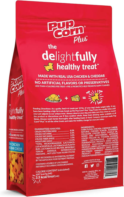 Pup Corn Plus - Puffed Dog Treats with Prebiotics and Probiotics - Chicken & Cheddar Cheese (14.5oz) - Made in USA