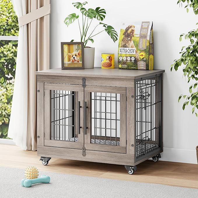 YaFiti Dog Crate Furniture with Cushion, Wooden Dog Kennel Indoor with Double Doors, Dog Cage with Wheels, Dog House Side End Table for Small Dogs up to 30 lb, 27.2" L, Grey