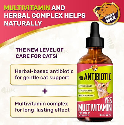 Cat Multivitamin Complex with Turkey Flavor – Natural Cat Antibiotic Liquid Alternative to Help with Allergies, UTIs & Cough – Herbal No Antibiotic Yes Multivitamin for All Breeds – 2 Oz