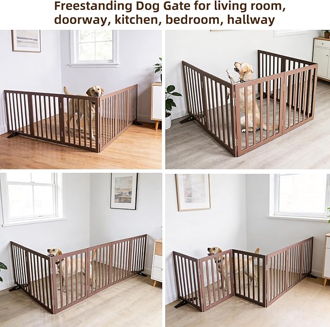 ZJSF Freestanding Indoor Dog Gate for House Foldable Wood Puppy Gate for Doorways Pet Gate for Stairs Extra Wide Pet Fence, Brown, 24" Height 6 Panels