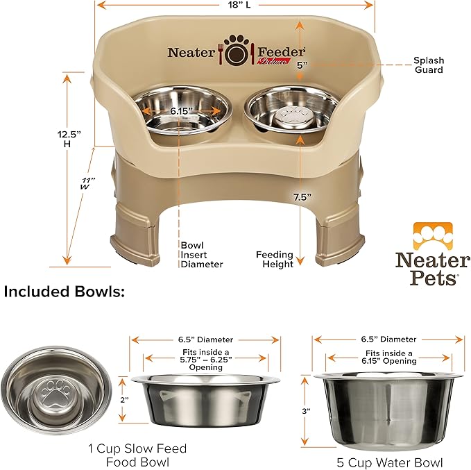 Neater Feeder Deluxe Mess-Proof Elevated Dog Bowls for Medium Dogs (19–40 lbs), 2 Height Adjustable (10” & 12.5”) No-Spill Raised Dog Bowl Stand w/Slow Feed Bowl for Food, Made in USA, Cappuccino