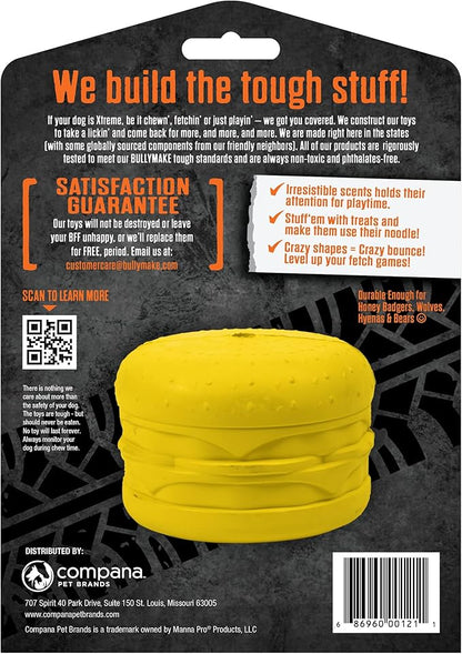 BULLYMAKE Yellow Toss N' Treat Cheeseburger Toy for Dogs, Durable Rubber Dog Toys for Aggressive Chewers, Dental Stimulating, Treat Dispensing, Boredom Busting, Pet Supplies, Made in USA