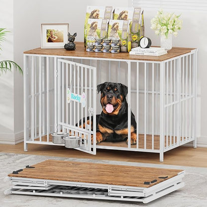 Easycom 43" Dog Crate Furniture Foldable, No Assembly Decorative Dog Kennel Indoor, XL Dog Crates for Large Dogs (60-80 lbs), Wooden Dog Cage with Adjustable Bowls and Name Tag, White & Beech