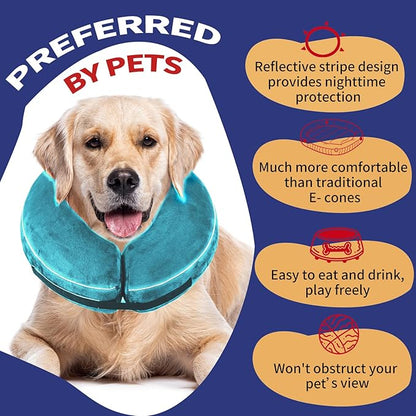 Inflatable Reflective Dog Cone Collar Alternative After Surgery,Doggie Recovery Dount Neck Ecollar,Adjustable Soft Dog Cone Collar for Small Medium Large Dogs (Light Blue, M)