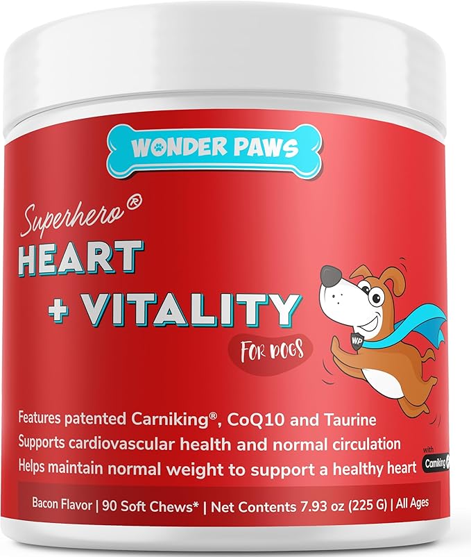 Wonder Paws Cardio Support for Dogs – Cardiovascular Chews Heart Health, Circulation, Energy & Weight Management - with L-Carnitine, Hawthorn Berry, Coenzyme Q10 & Taurine for Dogs – 90 Soft Chews