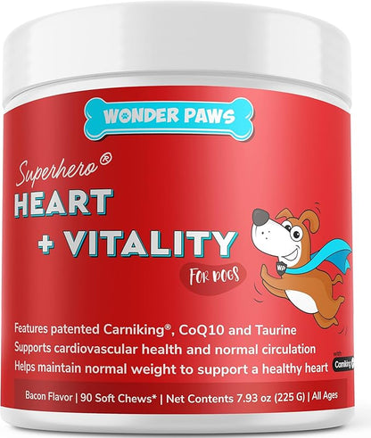 Wonder Paws Cardio Support for Dogs – Cardiovascular Chews Heart Health, Circulation, Energy & Weight Management - with L-Carnitine, Hawthorn Berry, Coenzyme Q10 & Taurine for Dogs – 90 Soft Chews
