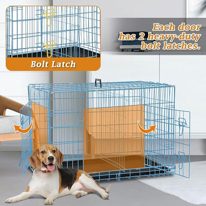 Dog Crate, Folding Portable Outdoor Large Two Door Metal Cat Dog Cage with ABS Tray LC Panel Floor Protecting Feet Wire Animal Pet Dog Kennel with Divider
