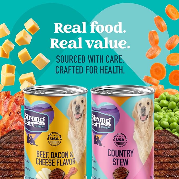 A Strong Heart Wet Dog Food Variety Pack, Beef Bacon & Cheese Dinner & Country Stew, Made with Real Beef, Made in The USA, 13.2 oz Can (Pack of 12)