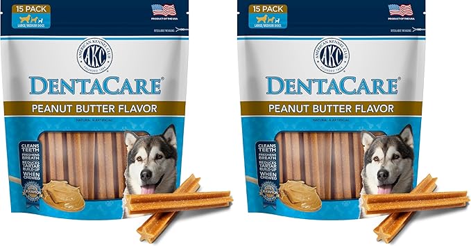 AMERICAN KENNEL CLUB Dentacare Large Breed Peanut Flavored Dental Dog Treats, Naturally Flavored, 15 Count (Pack of 2)