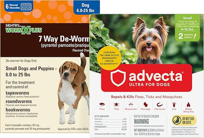 WORM X PLUS 7 Way DeWormer for Small Dogs 6-25 lbs (6 Count) + ADVECTA Flea and Tick Prevention for Small Dogs 4-10 lbs (2 Count) Bundle
