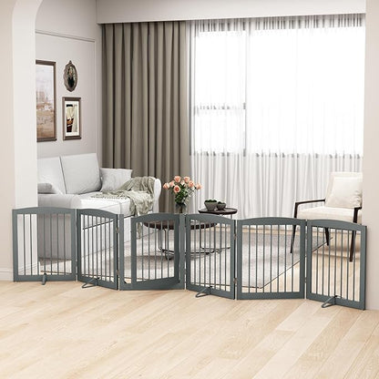 PUPETPO Freestanding Pet Gates with Walk Through Door, Dog Indoor Fence, Dog Gate for The House, Doorway, Stairs, Extra Wide Pet Gate, Support Feet Included, 120 Inch Wide, 6 Panels 24" Tall, Gray
