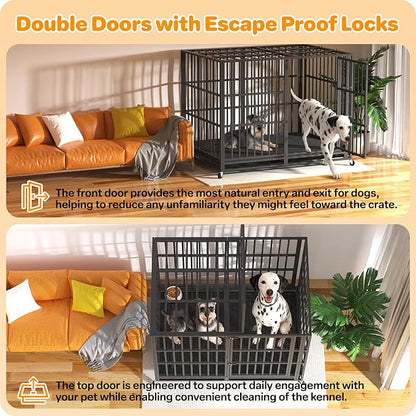Hiwokk 60 Inch Heavy Duty Dog Crate, Indestructible Escape-Proof Dog Kennel for High Anxiety Large Dogs, Strong Metal Pet Cage with Double Doors, Lockable Wheels & Removable Tray, XL XXL XXXL