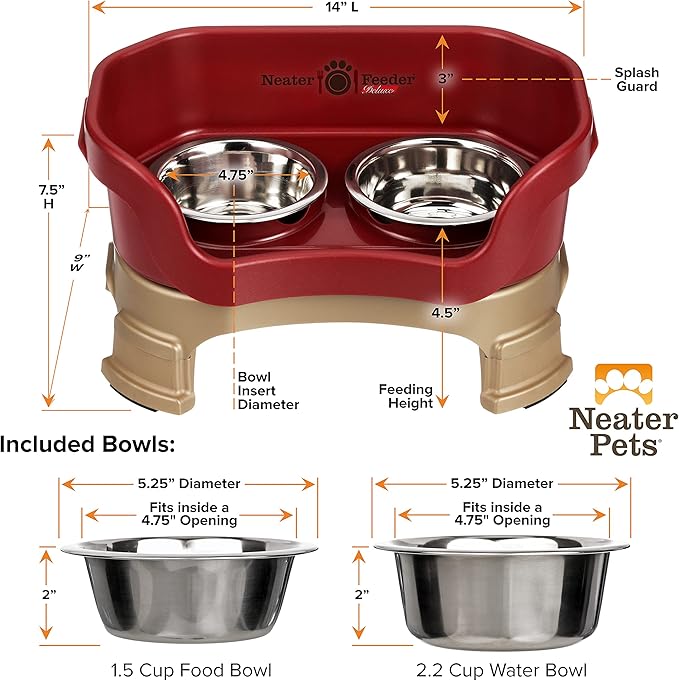 Neater Feeder Deluxe Mess-Proof Elevated Dog Bowls for Small Dogs (Up to 19 lbs), 2 Height Adjustable (6” & 7.5”) No-Spill Raised Dog Bowl Stand, Stainless Steel Food Bowl Set, Made in USA, Cranberry