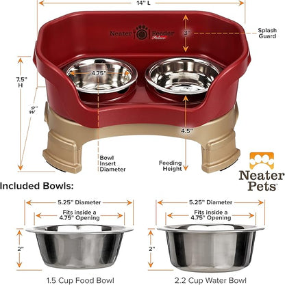 Neater Feeder Deluxe Mess-Proof Elevated Dog Bowls for Small Dogs (Up to 19 lbs), 2 Height Adjustable (6” & 7.5”) No-Spill Raised Dog Bowl Stand, Stainless Steel Food Bowl Set, Made in USA, Cranberry