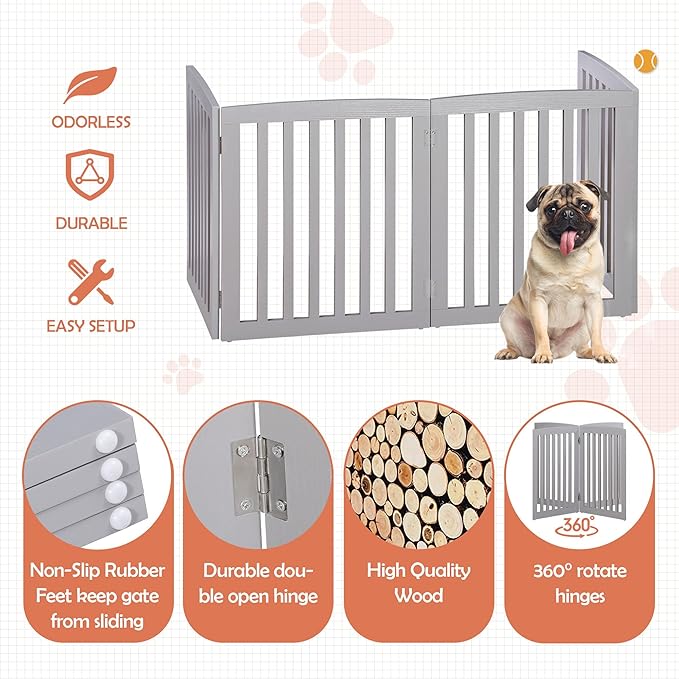 Dog Gate Pet Gate for House, Stairs, Hallways, Doorways 82x24 Inch 4 Panels Foldable Dog Fence for Indoor Extra Wide Wooden Grey