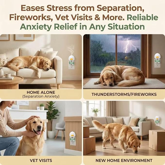 4-Pack Dog Calming Diffuser Kit (1 Diffuser + 3 Refills), Plug-in Pheromone Calming Diffuser for Dog, 90-Day Supply, Covers 700 sq ft, Safe & Odorless Stress Relief Solution, Promotes Relaxed Behavior