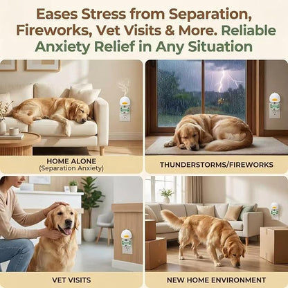 4-Pack Dog Calming Diffuser Kit (1 Diffuser + 3 Refills), Plug-in Pheromone Calming Diffuser for Dog, 90-Day Supply, Covers 700 sq ft, Safe & Odorless Stress Relief Solution, Promotes Relaxed Behavior