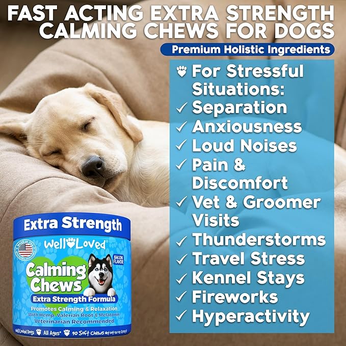 Well Loved Calming Chews for Dogs - Dog Calm Treats, Made in USA, Vet Recommended, Behavior Support with Melatonin & Hemp, Stress, Separation, Fireworks, Travel, Extra Strength