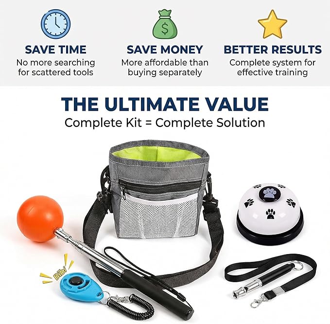 Pet Training Kit -Target Stick,Training Clicker,Whistle,Bell,Treat Pouch- Dog Training Equipment Tools, Agility Training Lure Course For Dogs,Cat Toilet Trainer Kit, Kitten Puppy Behavior Aids Trick