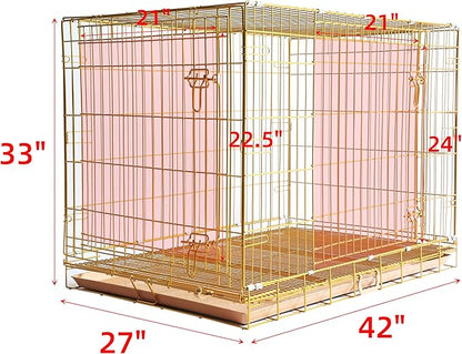 HOMEY PET Copper Gold Dog Crate 42 Inch, Portable Folding Metal Wire Dog Kennel Pet Dog Cage with Removable Floor Grid, Pull-Out Tray, Double Doors, Handle for Large Dogs, Indoor Outdoor