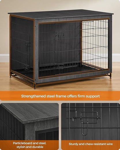 Feandrea 44.1" Dog Crate Furniture, Indoor Dog Cage Side End Table, XL Pet Wood Kennel for Large and Medium Dogs up to 80 lb with Multi-Purpose Removable Tray, Double-Door Pet House, Ink Black