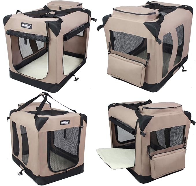 EliteField 3-Door Folding Soft Dog Crate with Carrying Bag and Fleece Bed (2 Year Warranty), Indoor & Outdoor Pet Home (42" L x 28" W x 32" H, Khaki)